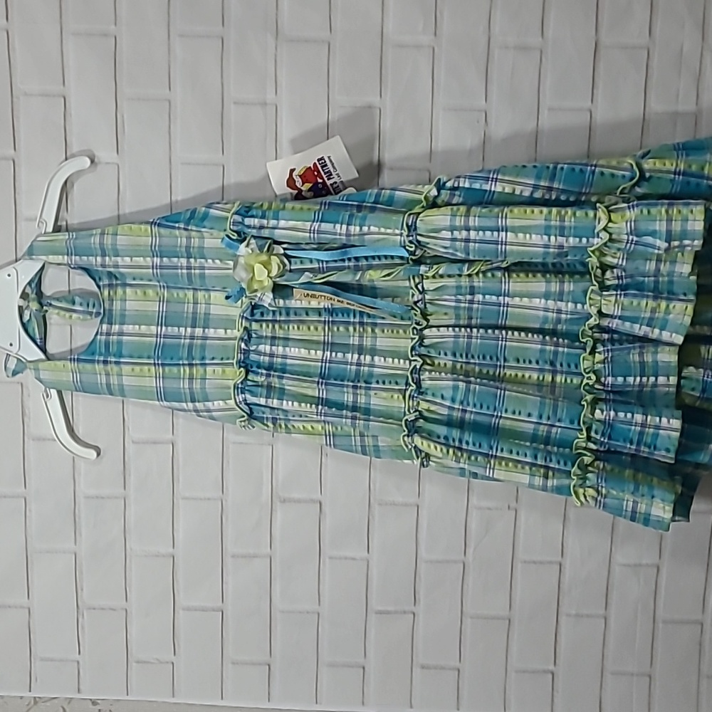 Girls Seersucker blue & green plaid halter dress